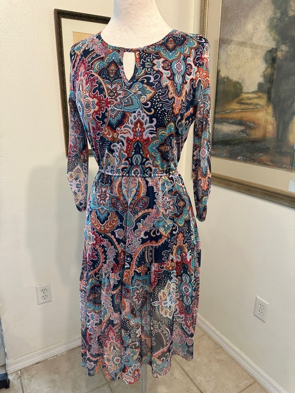 Harlow & Rose Navy Multicolor Geometric Asymmetrical Hem Dress Size Medium - Picture 6 of 15